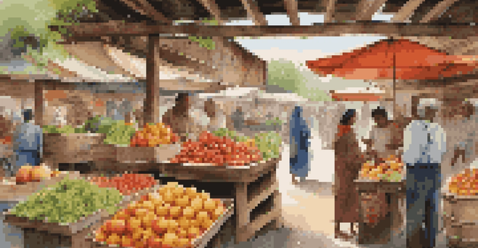 A bustling market scene with colorful fruits, vegetables, and handmade goods being exchanged between people in warm natural light.