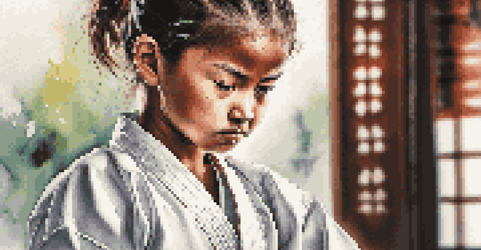A young girl in a karate gi tying her colored belt with focus in a dojo.
