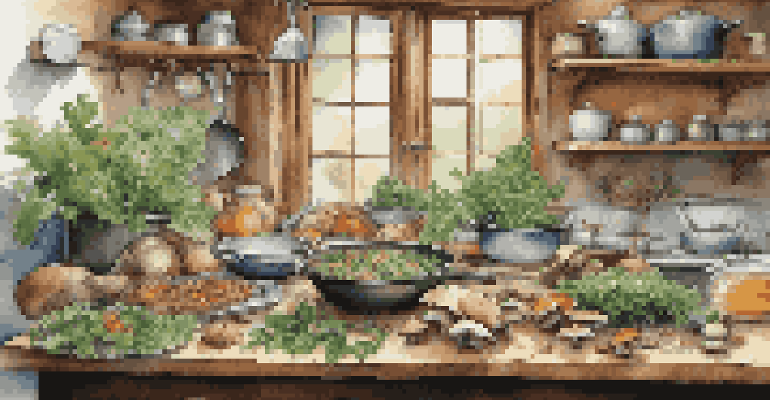 A rustic kitchen with a table of freshly foraged ingredients and a chef plating a colorful dish.