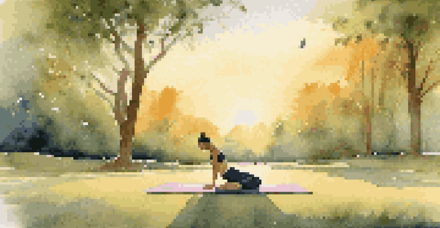 A person practicing Cat-Cow Pose outdoors in a park during sunset, with a warm golden light and birds in the background.