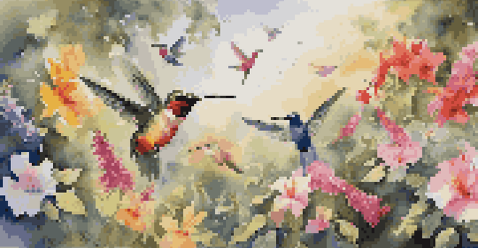 A colorful garden with blooming flowers and hummingbirds collecting nectar under sunlight.