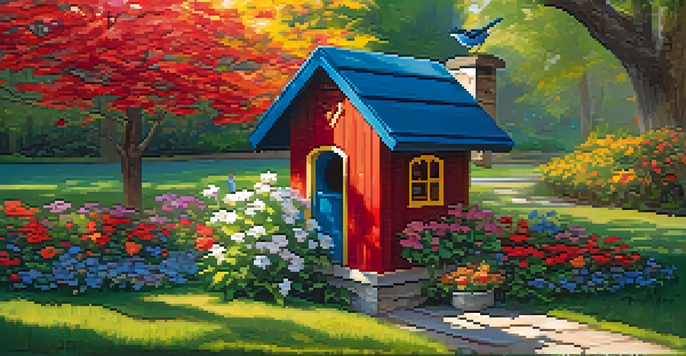 A colorful birdhouse in a garden, surrounded by vibrant flowers and small birds, with sunlight filtering through the trees.