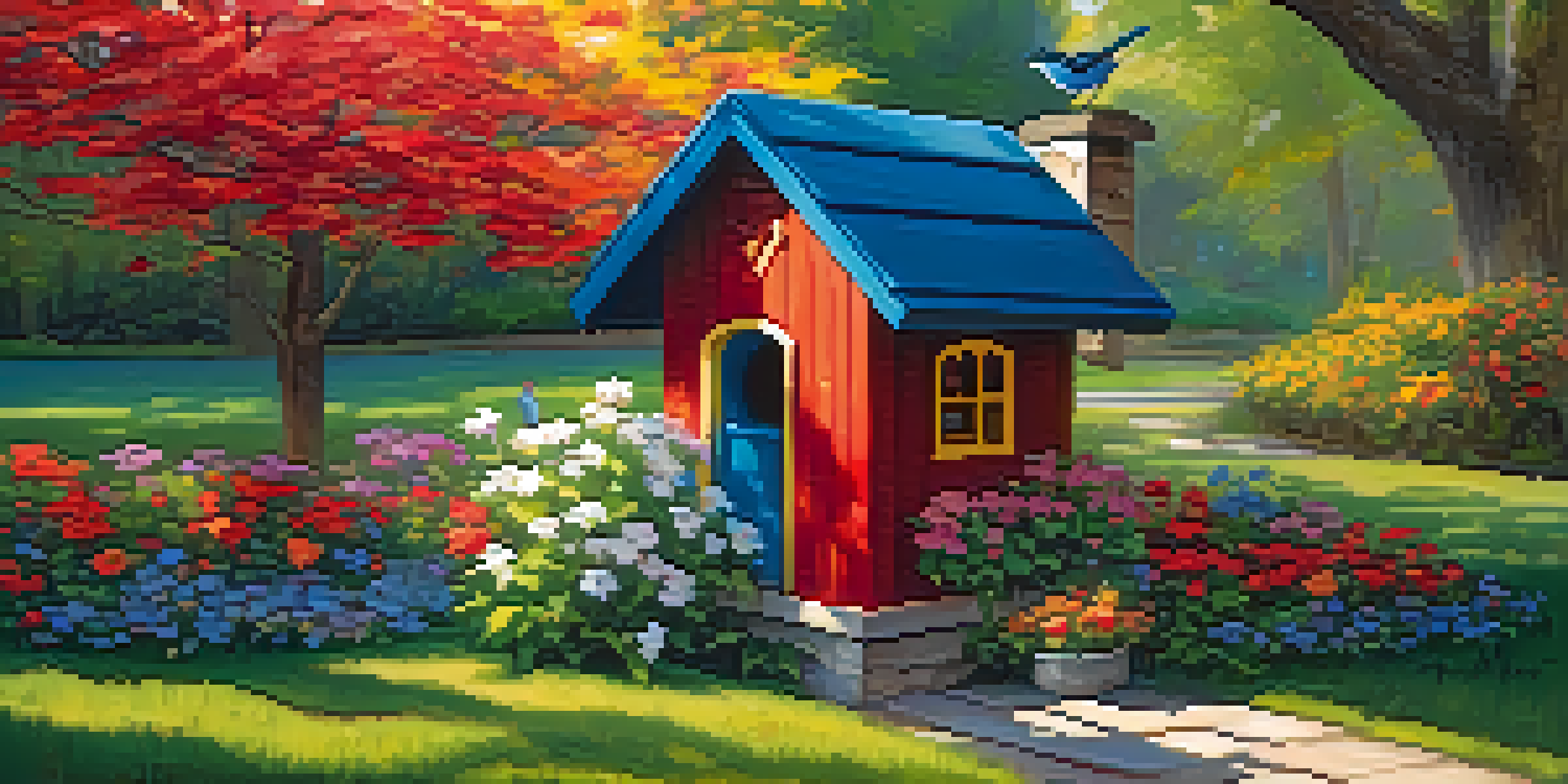 A colorful birdhouse in a garden, surrounded by vibrant flowers and small birds, with sunlight filtering through the trees.