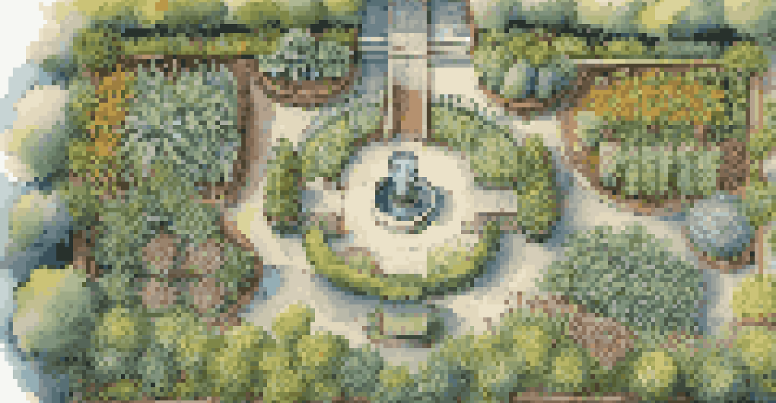 Aerial view of a garden layout with beans, corn, and herbs arranged harmoniously, under a blue sky.