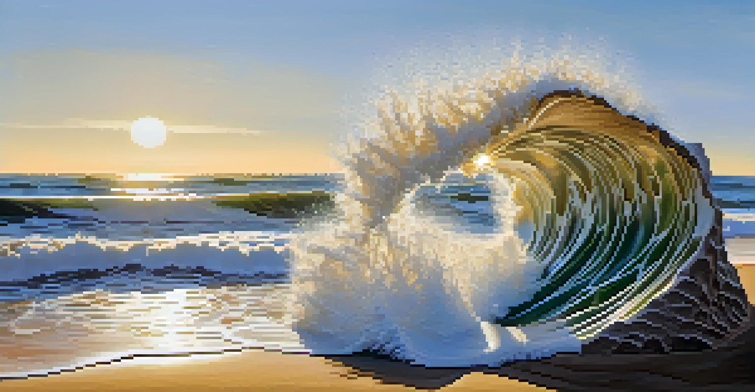 A carved stone sculpture of a wave on a sandy beach, with sunlight glistening on its surface.