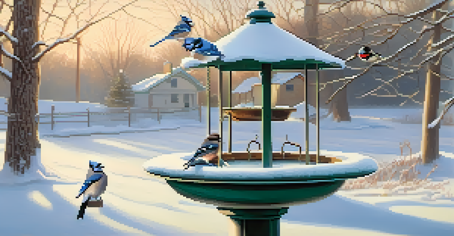A snowy winter backyard with birds perched on a feeder and a heated birdbath, illuminated by soft sunlight.