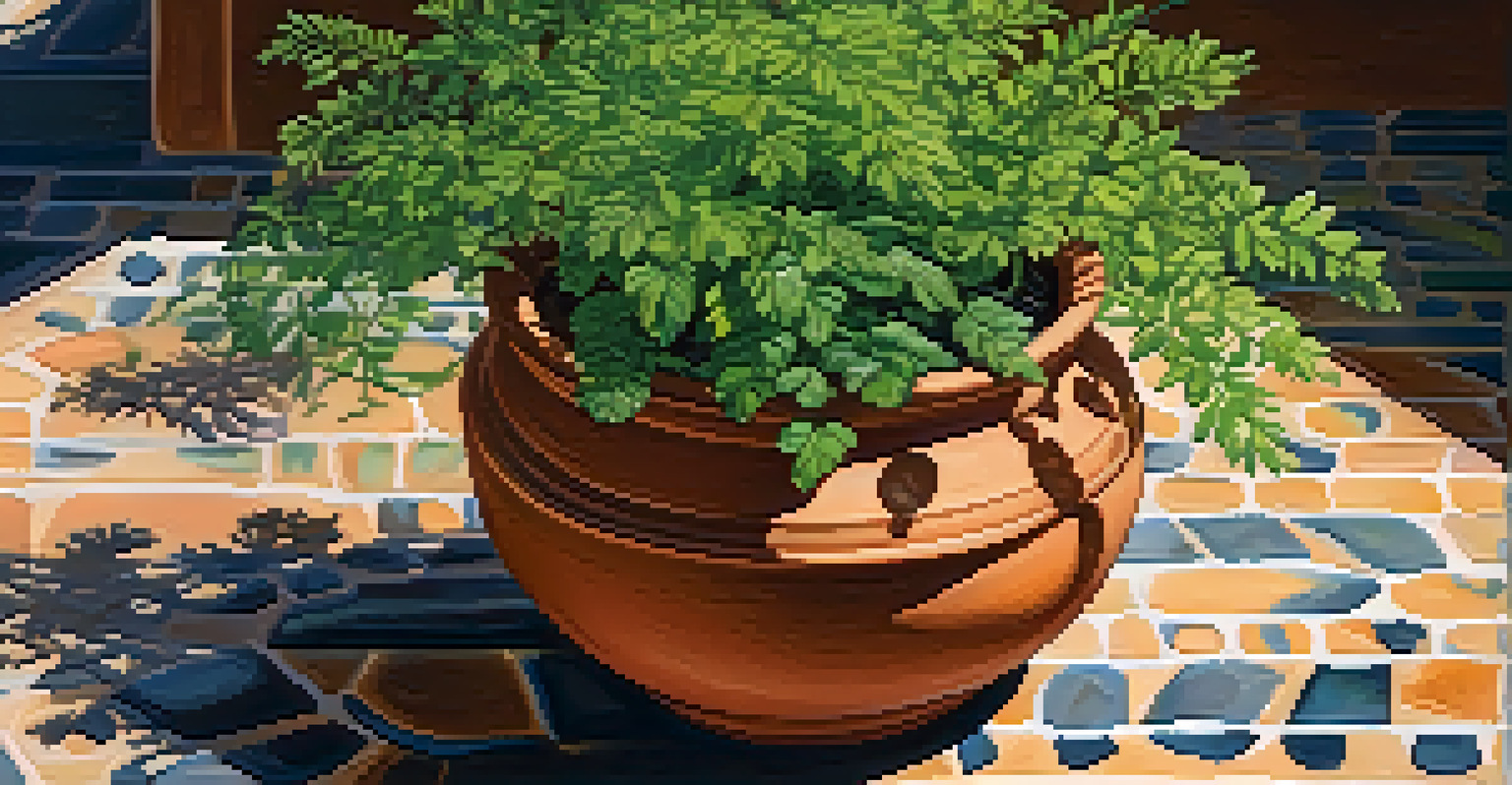 A close-up of a terracotta pot filled with herbs, with decorative stones around it, showcasing the texture and details.