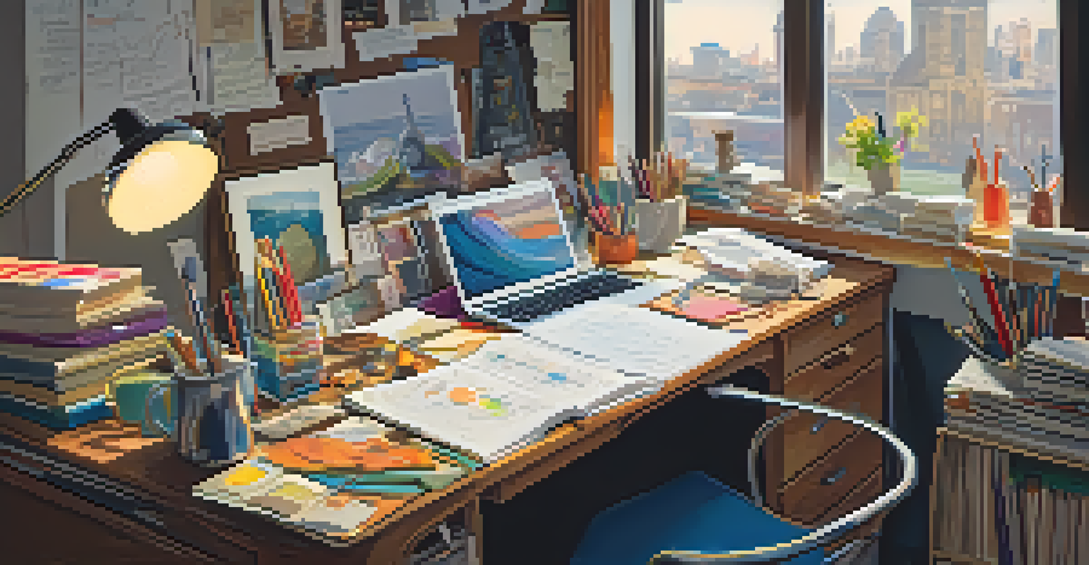 An artist's desk with notes and sketches under a desk lamp, surrounded by a corkboard displaying colorful character concepts.