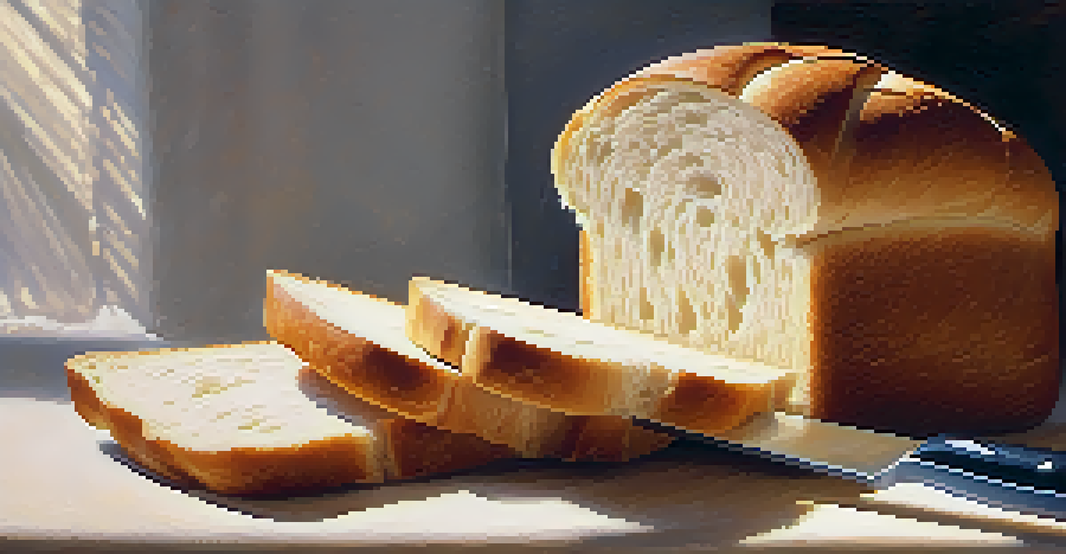 A close-up view of a loaf of bread being sliced, showcasing its soft interior and the serrated knife glinting in the light.