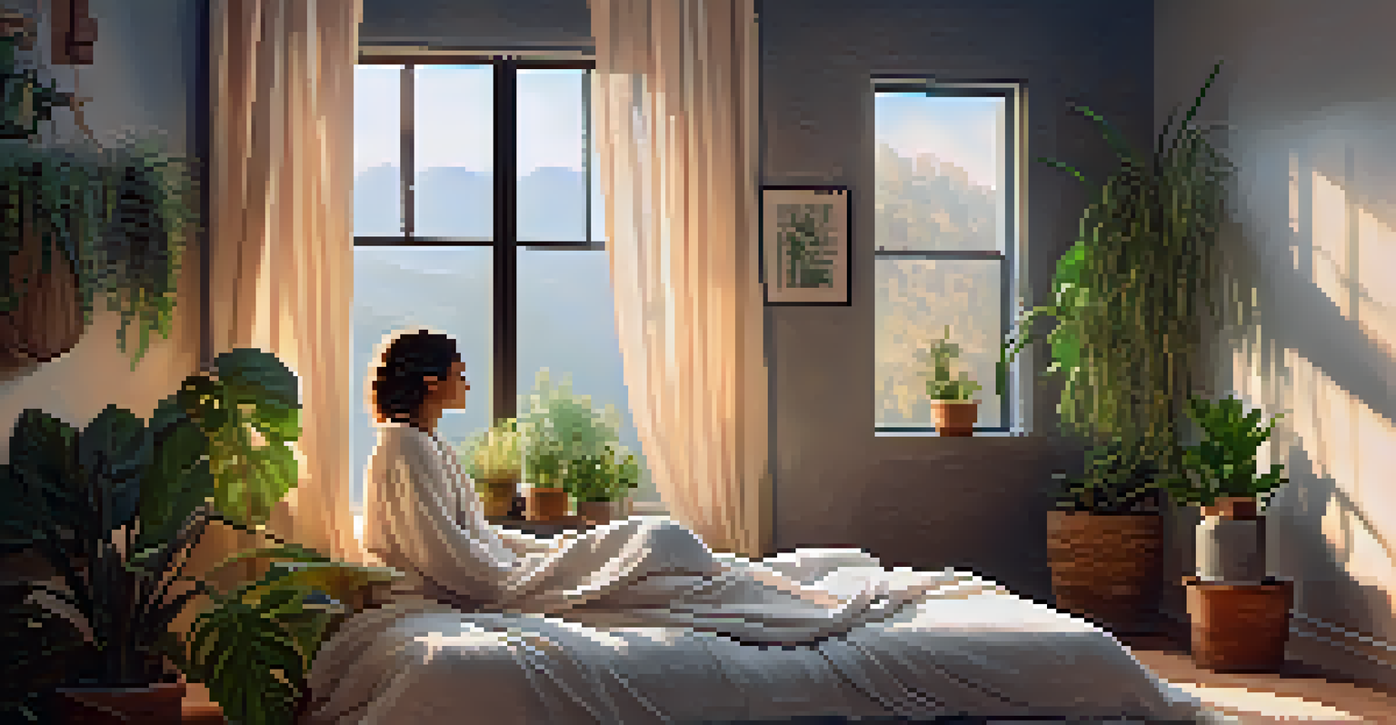 A person meditating in a cozy bedroom corner, sitting cross-legged with closed eyes, surrounded by plants and warm lighting, embodying relaxation.