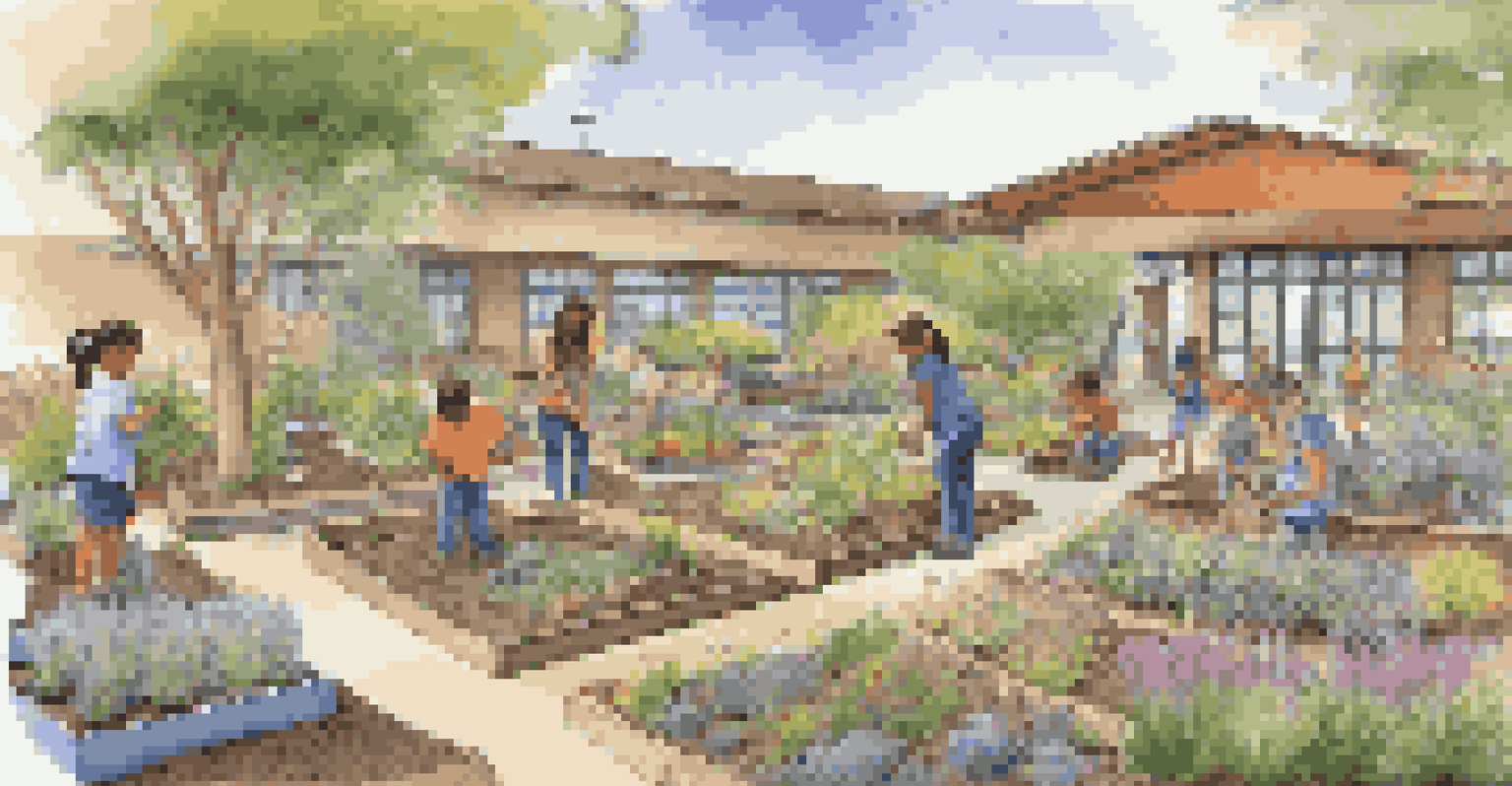 Children planting drought-resistant plants in an educational garden, with various heights of plants and colorful flower beds.