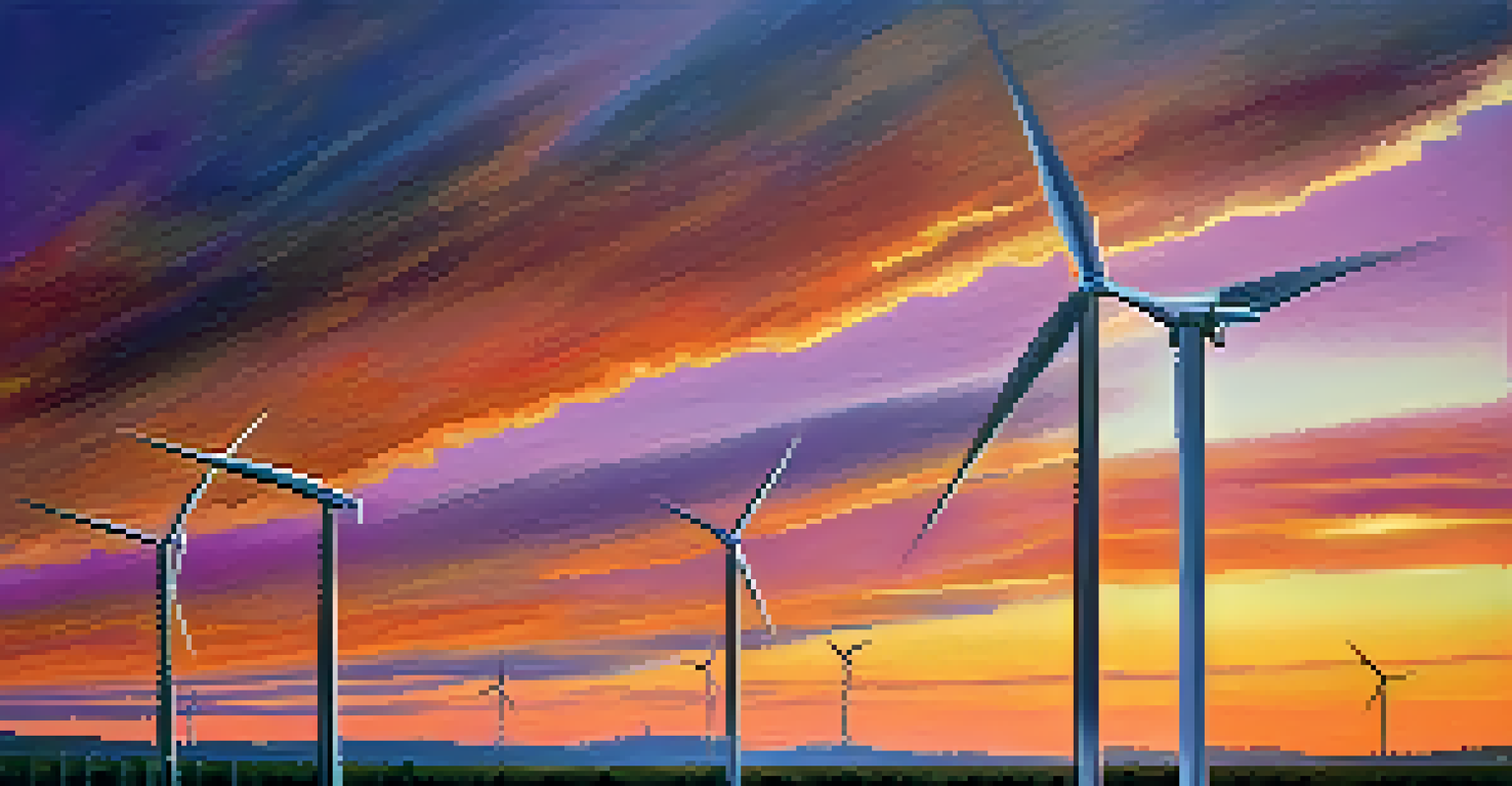 A wind farm with turbines in front of a colorful sunset sky, showcasing renewable energy's beauty.