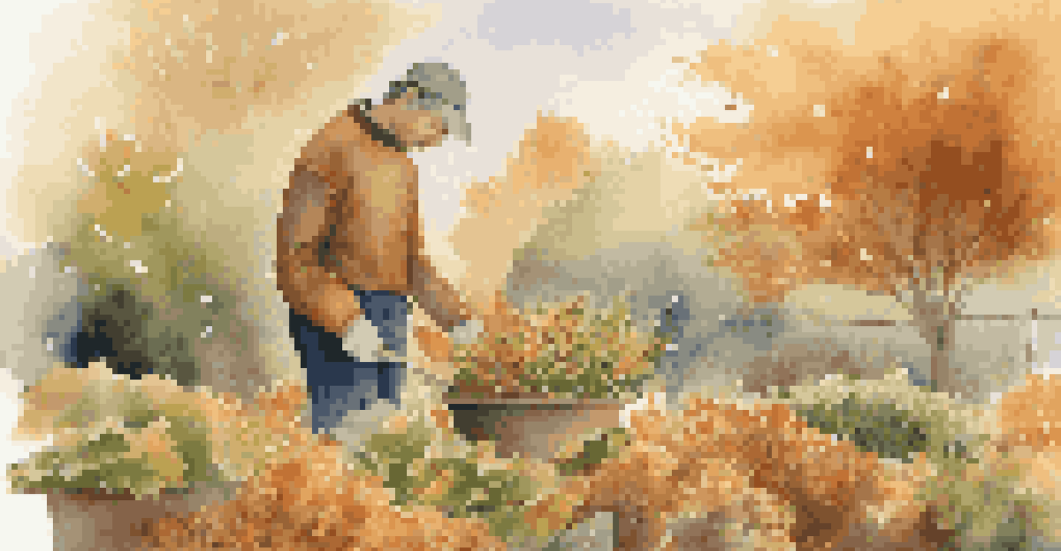 A gardener covering outdoor herbs with protective materials in an autumn setting.