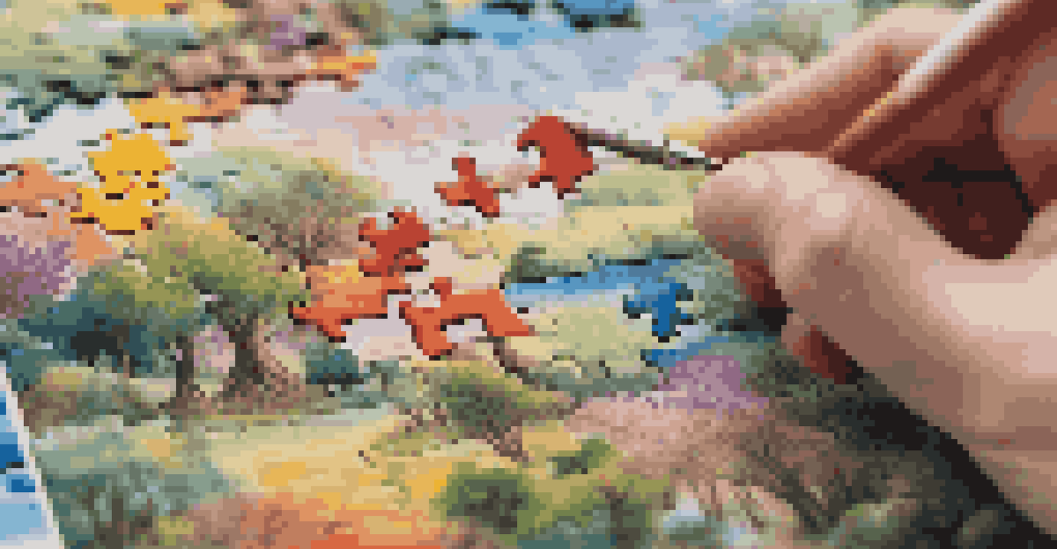 Close-up of hands completing a jigsaw puzzle with a scenic landscape, colorful pieces scattered around.