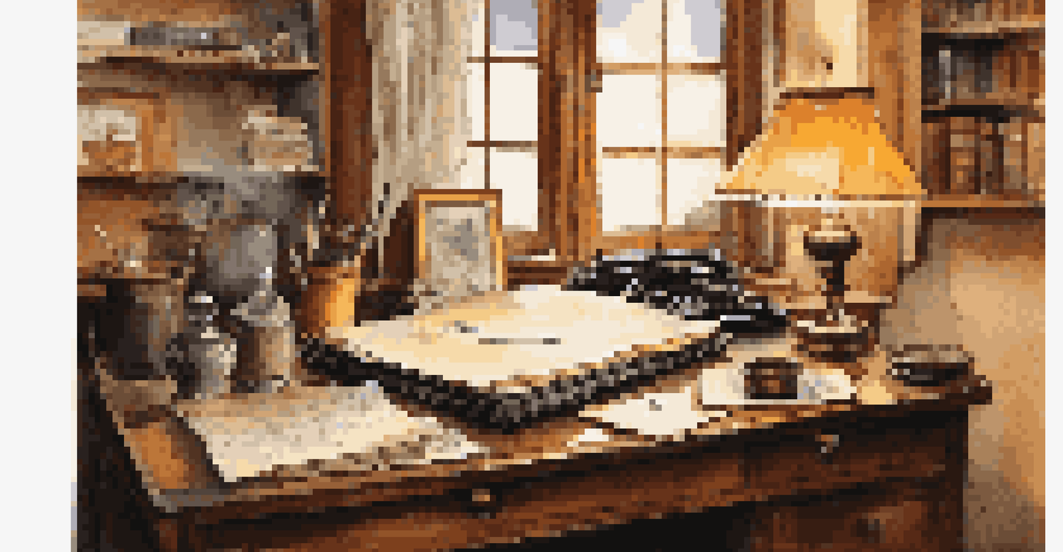 An early 20th-century writer's desk with historical artifacts, a typewriter, and a rainy street view.