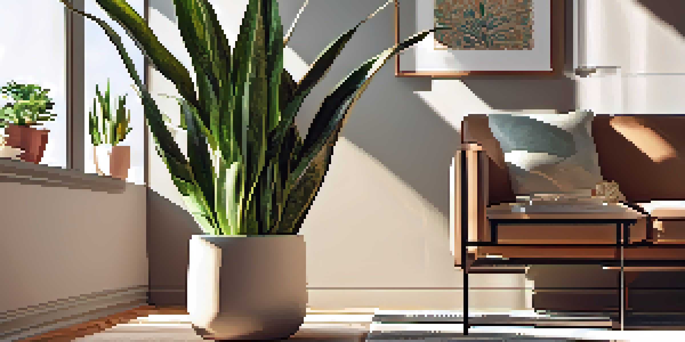 A cozy living room with a vibrant Snake Plant on a stylish shelf, sunlight illuminating the scene.