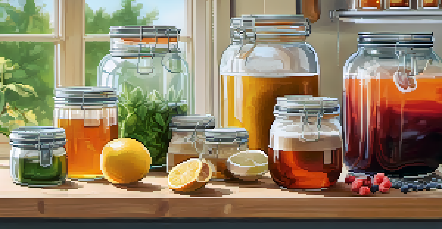 A visual guide to making homemade kombucha with jars, a SCOBY, and fresh ingredients in a sunny kitchen.