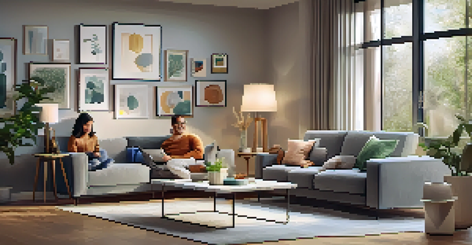 A modern living room with a family enjoying time together, featuring smart home devices like a speaker and thermostat.