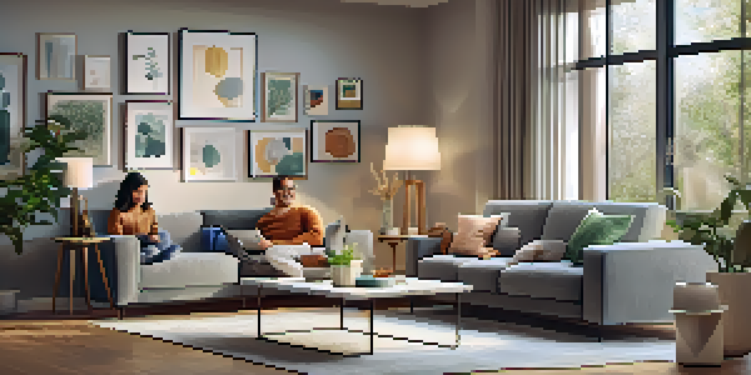 A modern living room with a family enjoying time together, featuring smart home devices like a speaker and thermostat.