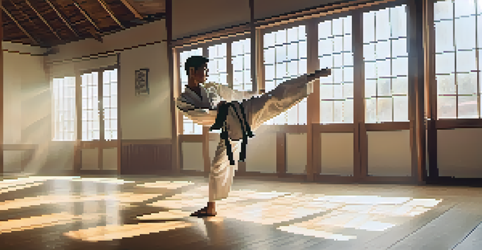 A martial artist executing a high kick inside a sunlit dojo, with wooden flooring and decorative elements on the walls.
