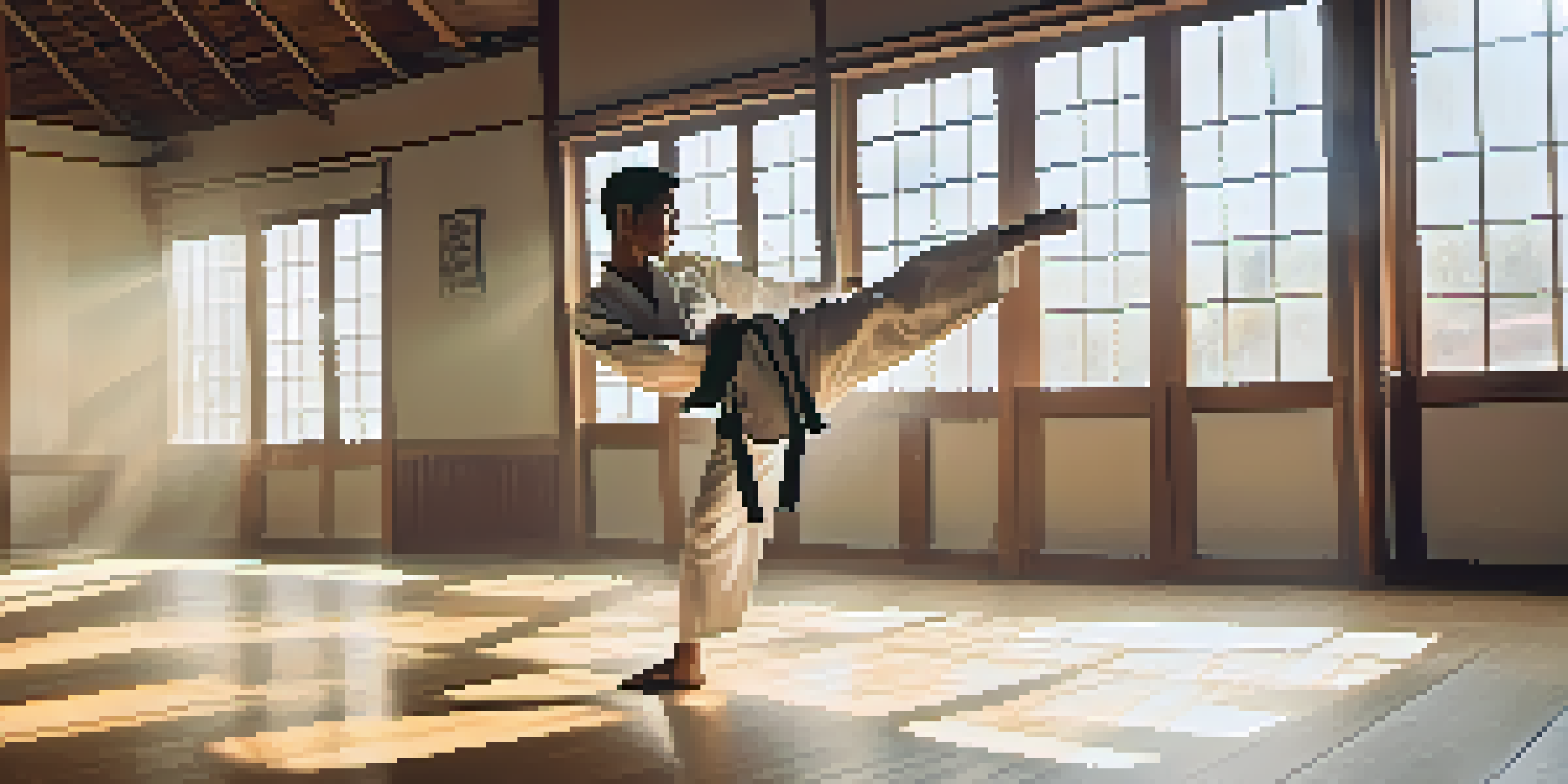 A martial artist executing a high kick inside a sunlit dojo, with wooden flooring and decorative elements on the walls.
