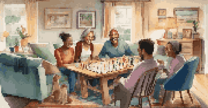 A warm and inviting scene of a family gathered around a table playing board games, filled with laughter and joy.