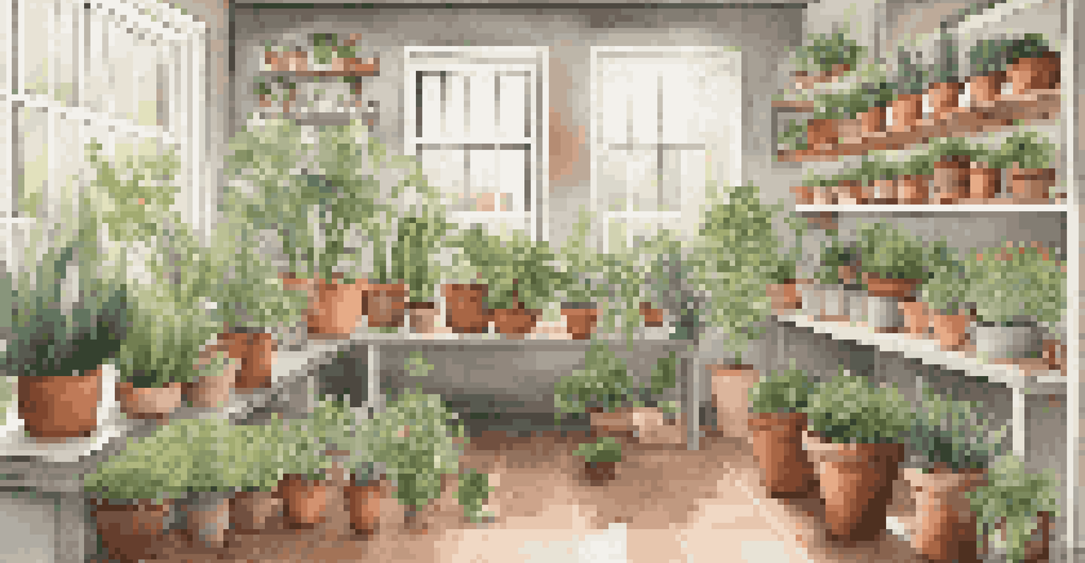 Organized indoor gardening space with various potted plants and gardening tools.