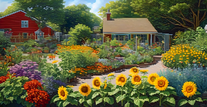 A colorful garden filled with sunflowers, herbs, and marigolds, bustling with butterflies and bees under soft sunlight.