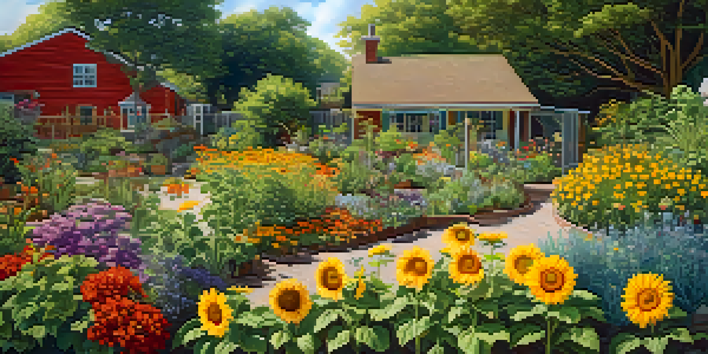 A colorful garden filled with sunflowers, herbs, and marigolds, bustling with butterflies and bees under soft sunlight.
