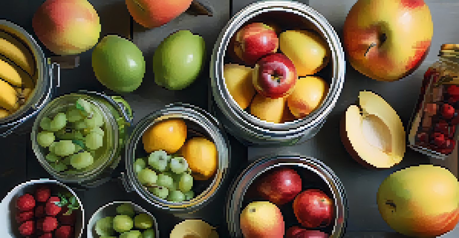 An overhead view of a canning setup with fresh fruits, bowls, and canning jars on a bright kitchen workspace.