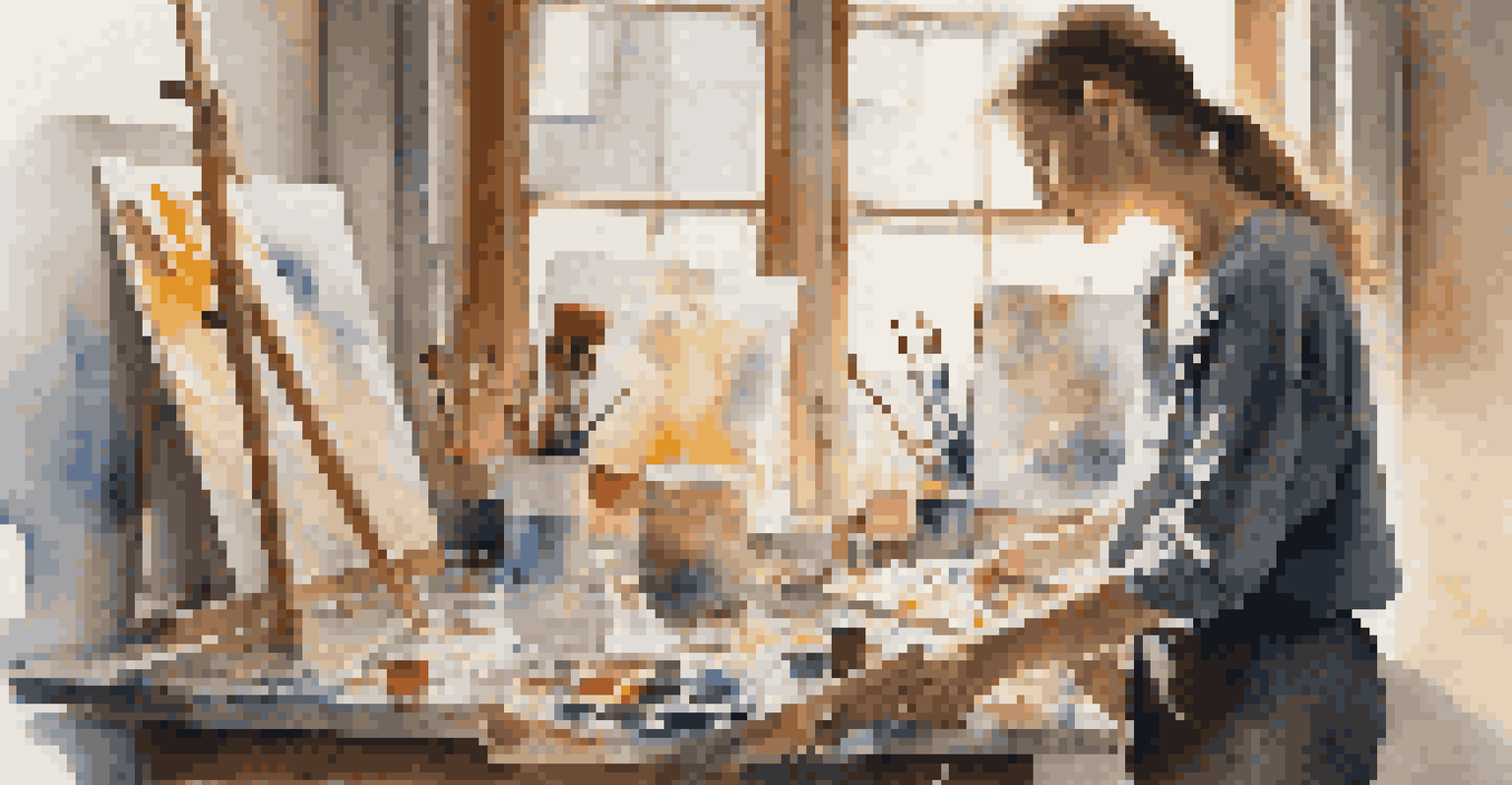 An artist in a studio painting a portrait, surrounded by art supplies and natural light streaming through a window.