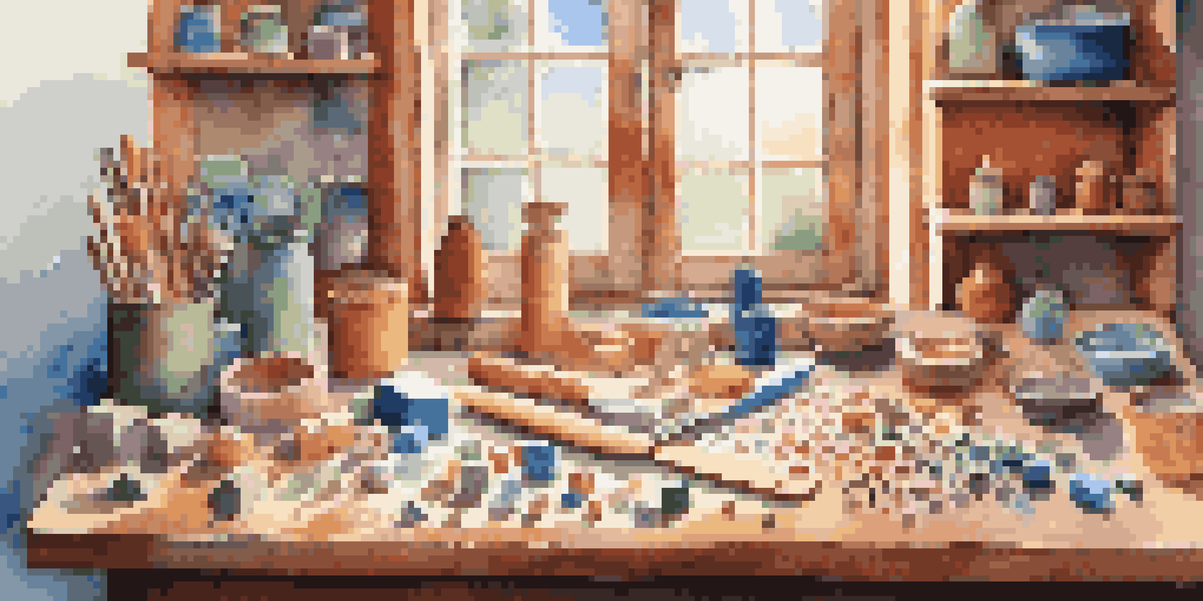 A colorful crafting workspace with polymer clay, tools, and finished jewelry pieces, illuminated by soft natural light.