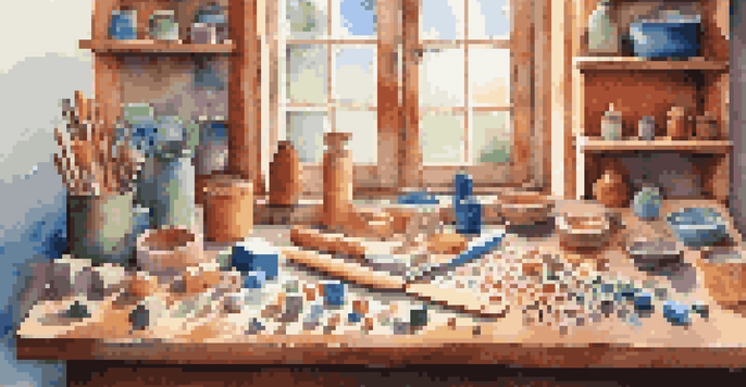 A colorful crafting workspace with polymer clay, tools, and finished jewelry pieces, illuminated by soft natural light.