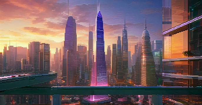 A colorful 3D representation of a futuristic city at sunset with glass skyscrapers, animated vehicles, and pedestrians.