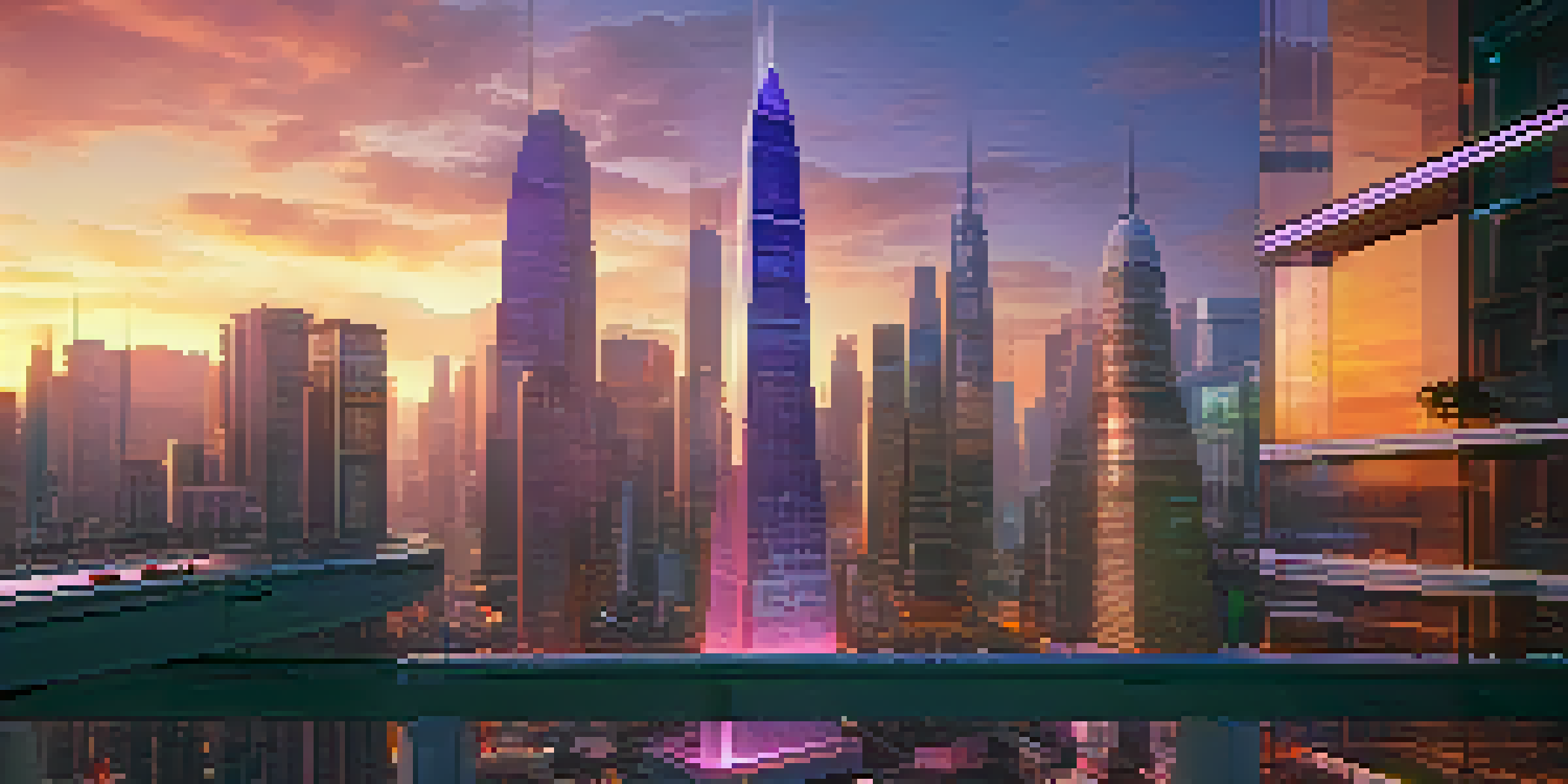 A colorful 3D representation of a futuristic city at sunset with glass skyscrapers, animated vehicles, and pedestrians.