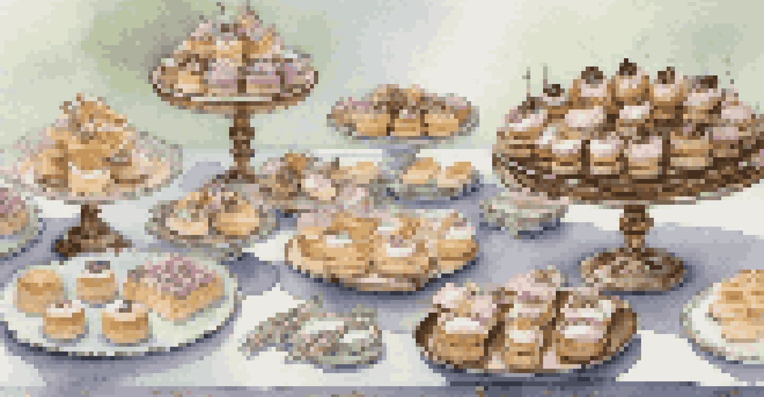 A beautifully decorated dessert table with an assortment of mini pastries, including éclairs and tartlets, arranged with decorative plates and forks.