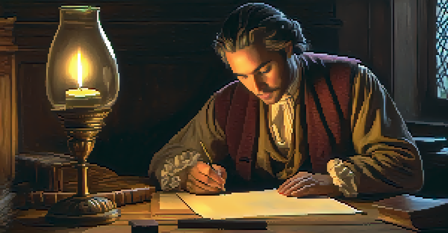 A historical figure in period attire writing a letter by candlelight at a rustic wooden desk, creating a warm and intimate atmosphere.