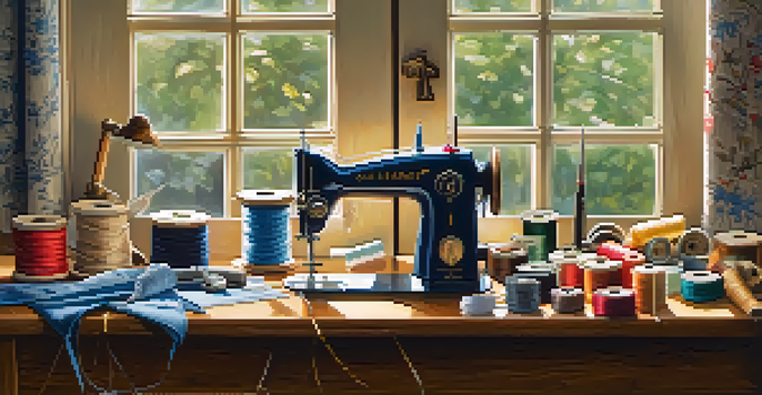 A sewing workspace with various sewing tools including scissors, pins, and a sewing machine, illuminated by natural light.