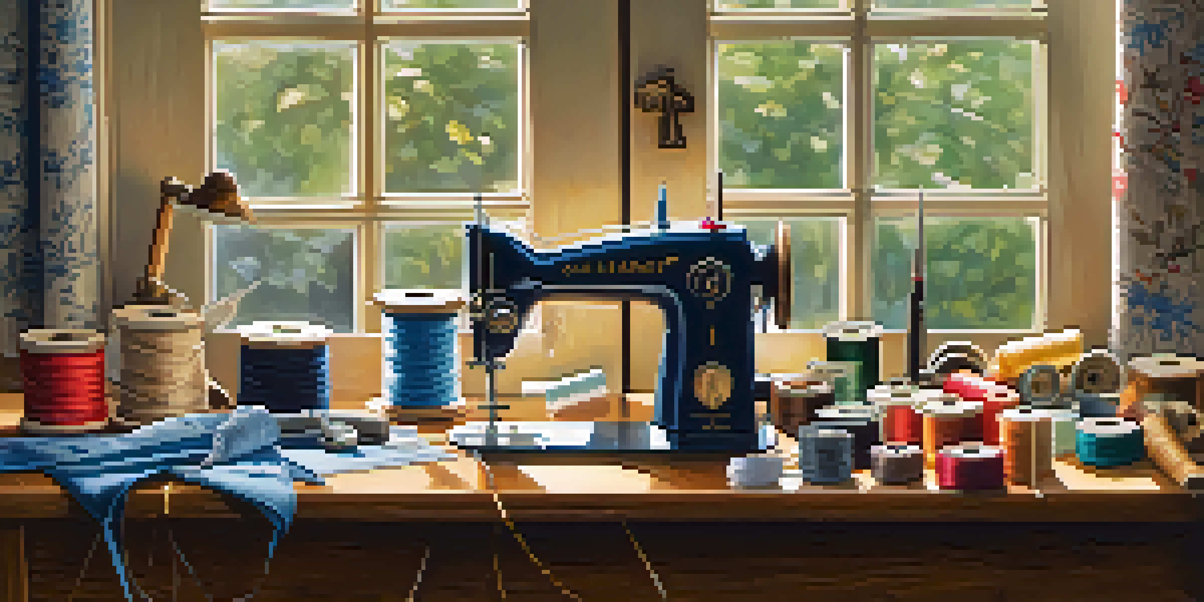 A sewing workspace with various sewing tools including scissors, pins, and a sewing machine, illuminated by natural light.