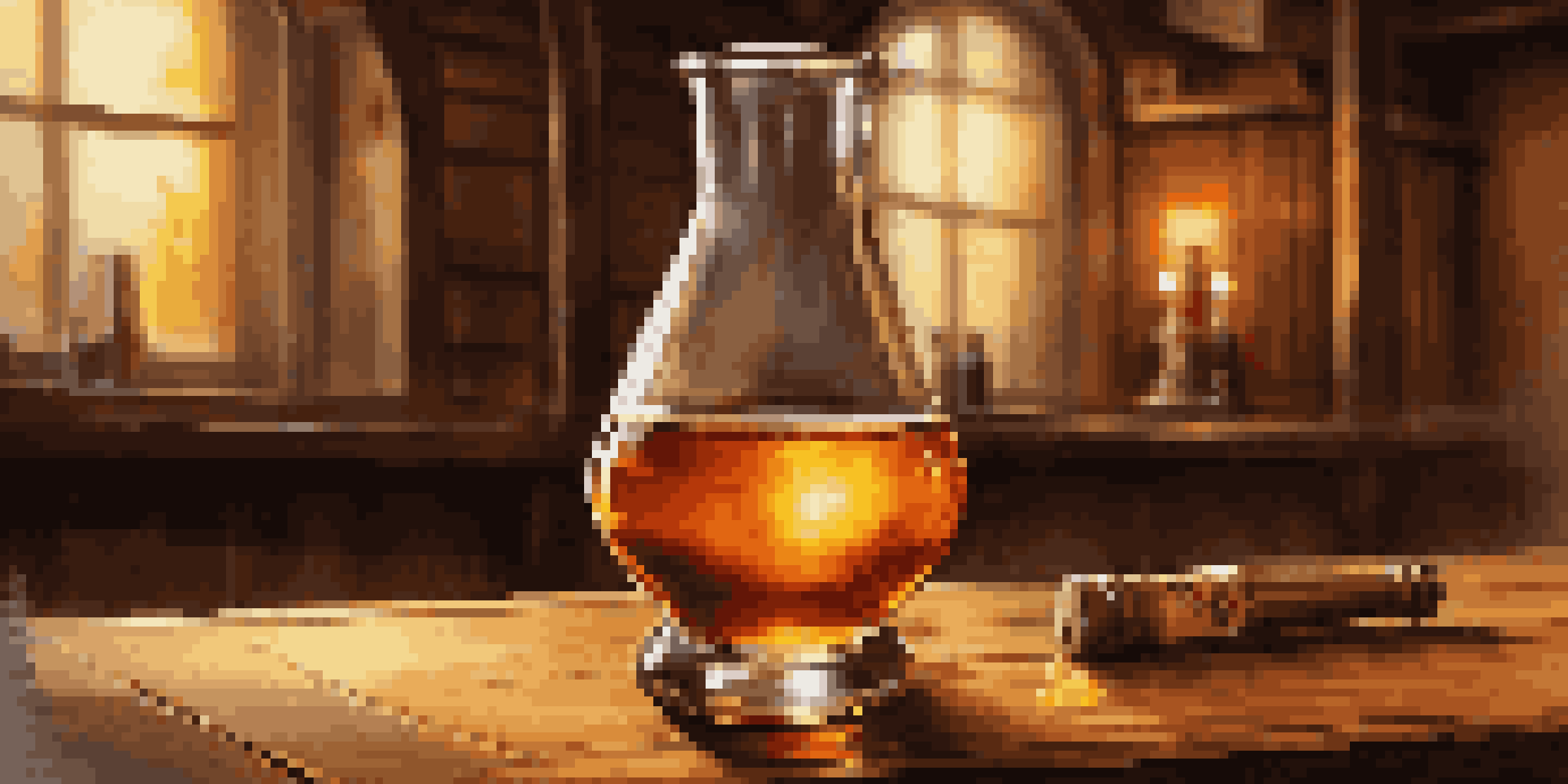 A close-up of a vintage hydrometer next to a glass of amber homemade whiskey on a wooden table, with a rustic distillery background.