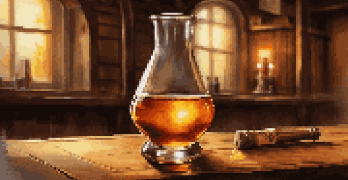 A close-up of a vintage hydrometer next to a glass of amber homemade whiskey on a wooden table, with a rustic distillery background.