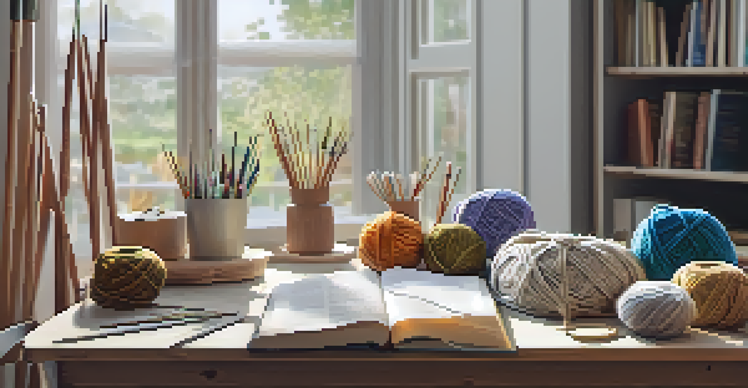 A well-organized knitting workspace with a pattern book, knitting needles, and completed projects, all bathed in natural light.