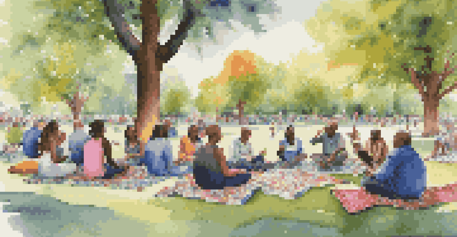 A diverse group of people gathered in a park, engaging in a thoughtful conversation on blankets under trees, promoting connection and understanding.