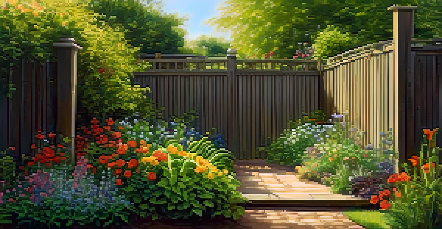 A garden fork leaning against a wooden fence in a vibrant garden filled with flowers and vegetables, illuminated by soft afternoon light.