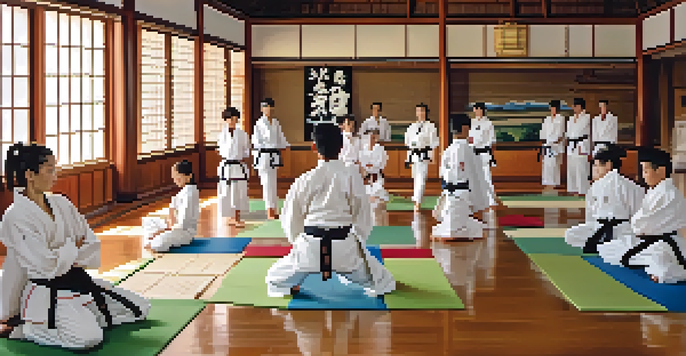 A peaceful dojo with sunlight streaming in, showcasing diverse students practicing karate under the guidance of a sensei.