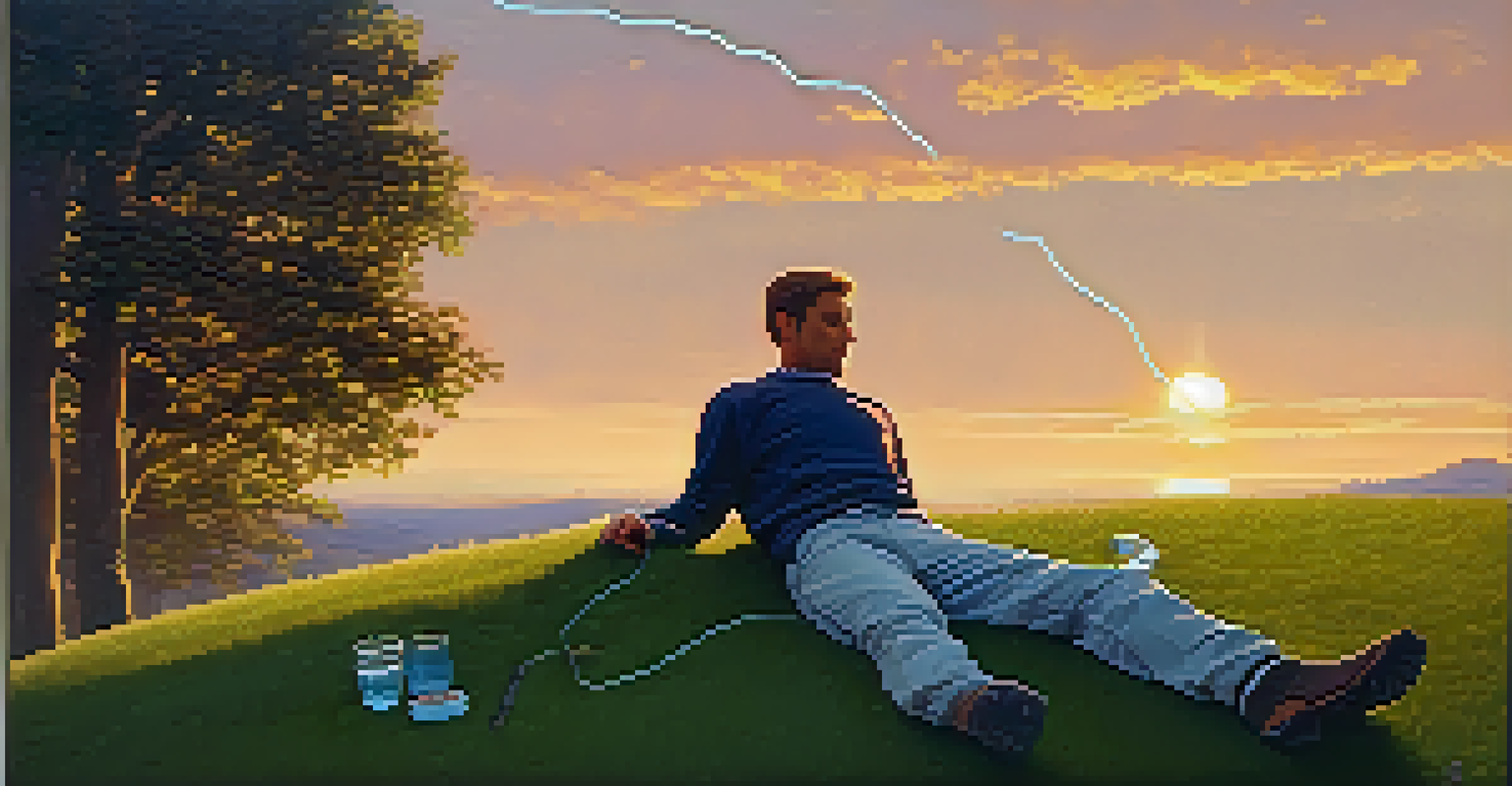 A bungee jumper relaxing on grass, changing clothes with a water bottle and snack nearby, under a warm sunset.