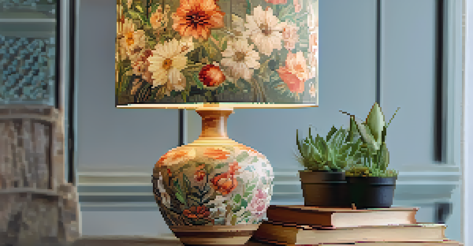 A close-up of a floral decoupage lampshade on a side table with plants and books.