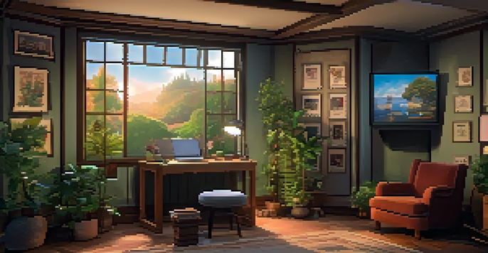 A cozy voice acting studio with a microphone, plush chair, and soundproofing panels, illuminated by soft warm light.