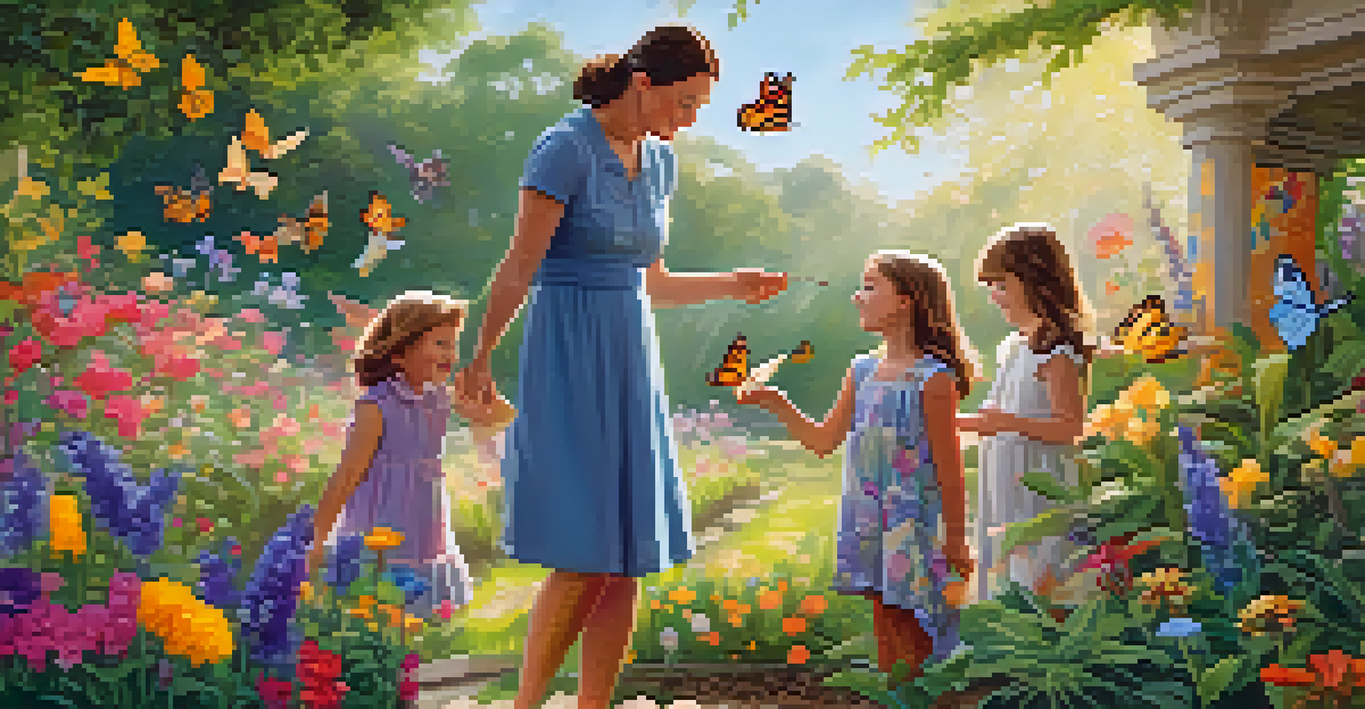 A family watching butterflies in a colorful garden, with children excitedly pointing at the butterflies.