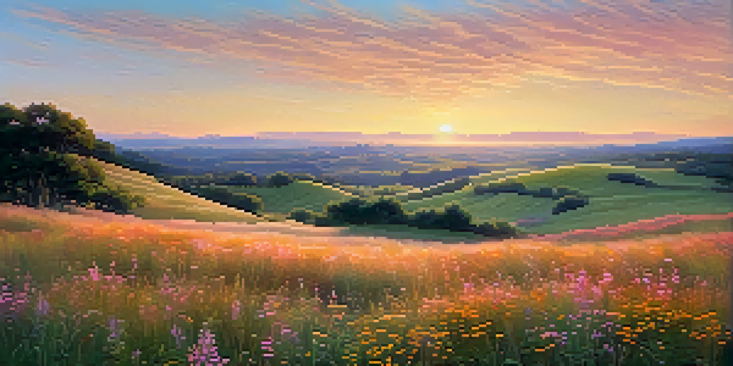 A peaceful landscape scene with rolling hills and a sunset sky, filled with warm colors and a field of wildflowers in the foreground.